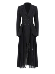 Pleated Mesh Two-piece Set – Black Shirt & Mid-calf Skirt Suit