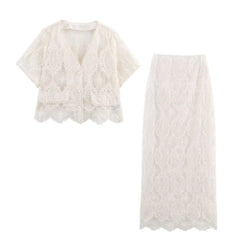 Mesh Embroidered Twin Set – Short Shirt & Straight Tube Skirt