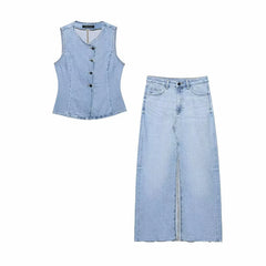 Denim Blue Two-piece Set – Single-breasted Tank & Vintage Zipper Midi Skirt
