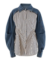 Blue Striped Pleated Denim Loose-Fit Blouse