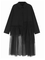 Black Spliced Mesh Blouse – Textured Contrast in Cotton-poly Blend