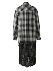 Plaid Long Sleeve Lace Hem Blouse