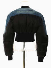 Denim Hybrid Cropped Bomber – Contrast Panel Jacket