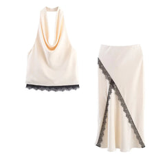 Satin Lace Halter Top & Midi Skirt Set