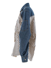 Blue Striped Pleated Denim Loose-Fit Blouse