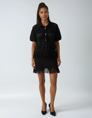 Short-sleeved Knitted Jacket With Tassel Mini Skirt