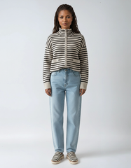 Striped Knit Cardigan with Zipper & Pockets