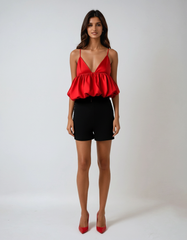 Voluminous Red Satin Puff Crop Top – Sexy Backless Camisole