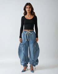 Wide Leg Drawstring Jeans
