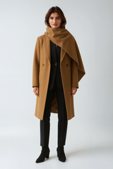 Woolen Scarf Collar Coat – Sculptural Silhouette in Cotton-poly Blend