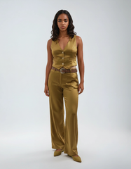 Yellow Satin Button-up Vest & Wide-leg Pants Suit