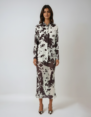 Animal Print Two-piece Set – Silky Long Sleeve Shirt & Ankle-length Skirt