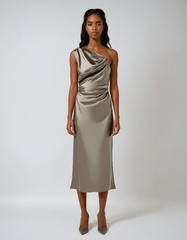 Asymmetrical Pleated Midi Dress – High Street Elegance