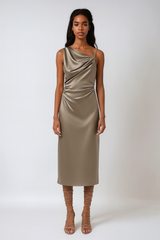 Asymmetrical Folded Midi Dress – High Street One-shoulder Elegance
