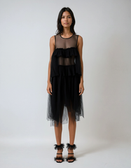 Black Irregular Ruffle Dress – Sheer Artistry in Cotton-poly Tulle