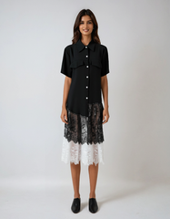 Black Lace Pleated Shirt Dress