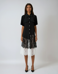 Black Lace Pleated Shirt Dress – Loose Fit Lapel Style