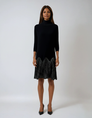 Black Pleated Splice Knit Dress – Turtleneck Long Sleeve Loose-fit Style