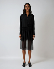 Black Spliced Mesh Blouse – Textured Contrast in Cotton-poly Blend