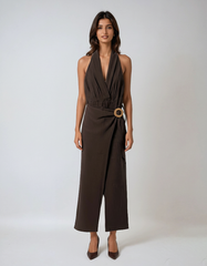 Brown Halter Backless Jumpsuit – Sleek Party & Club Style