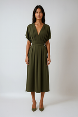 Pleated Drop Shoulder Midi Dress – Summer V-neck Casual Style