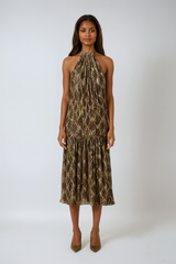 Halter Backless Pleated Midi Dress