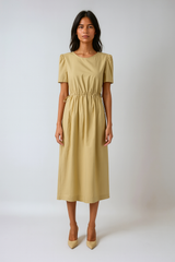 Yellow Drawstring Waist Midi Dress – Short Sleeve Spring/summer Elegance