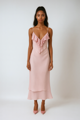 Pink Spaghetti Strap Midi Dress – V-collar Summer Party Silhouette