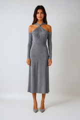 Slim Fit Gray Knot Detail Hollow-out Midi Dress