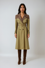 Khaki Color-block Trench Coat – Modern Contrast in Cotton-poly Fusion