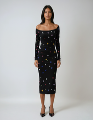 Elegant Diamond Sequin Dress – Off-shoulder Glamour in Stretch Polyester