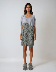 Gray Color-block Mesh Dress – Short Sleeve Knee-length Casual Fit