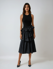 Gray Plaid Ruffle Vest Dress – Sleeveless Elegance