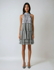 Gray Print Mesh Stand-Collar Mini Dress