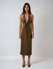 Halter Backless Midi Dress – Brown Summer Linen-look Camisole Style