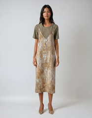 Khaki Color-block Midi Dress – Short Sleeve Loose-fit Style