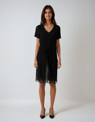Layered Mesh Color-block Midi Dress – Black V-neck Oversized Style