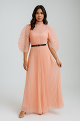 Pleated Belt Gathered Waist A-line Long Dresses