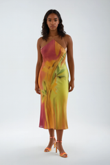 Printed Satin Halter Midi