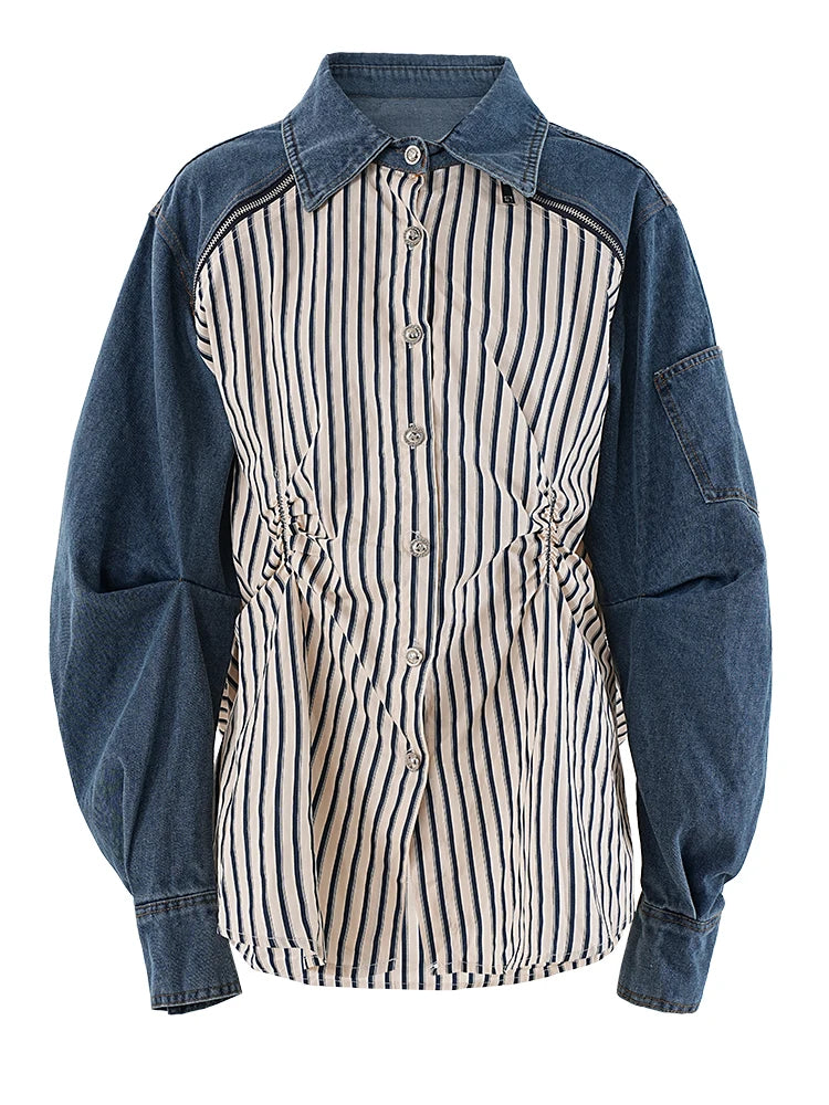 Stripe Spliced Denim Shirt