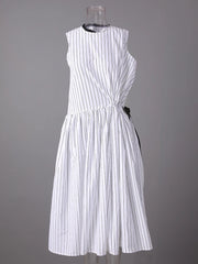 White Striped Drawstring Pleated Dress