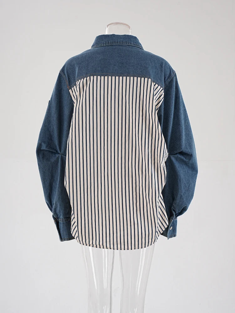 Stripe Spliced Denim Shirt