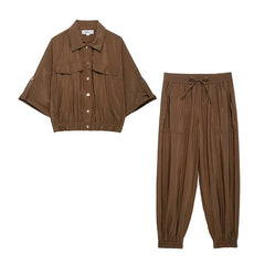 Striped 2-piece Set – Single-breasted Shirt & Elastic Waist Trousers