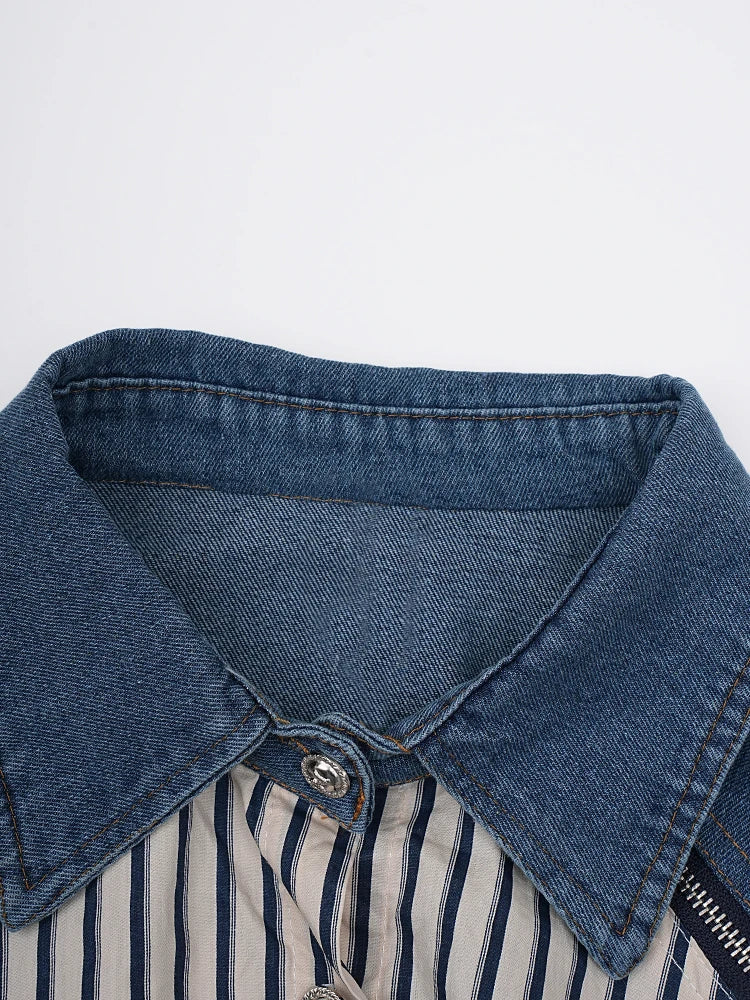 Stripe Spliced Denim Shirt