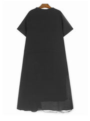Layered Mesh Color-block Midi Dress – Black V-neck Oversized Style
