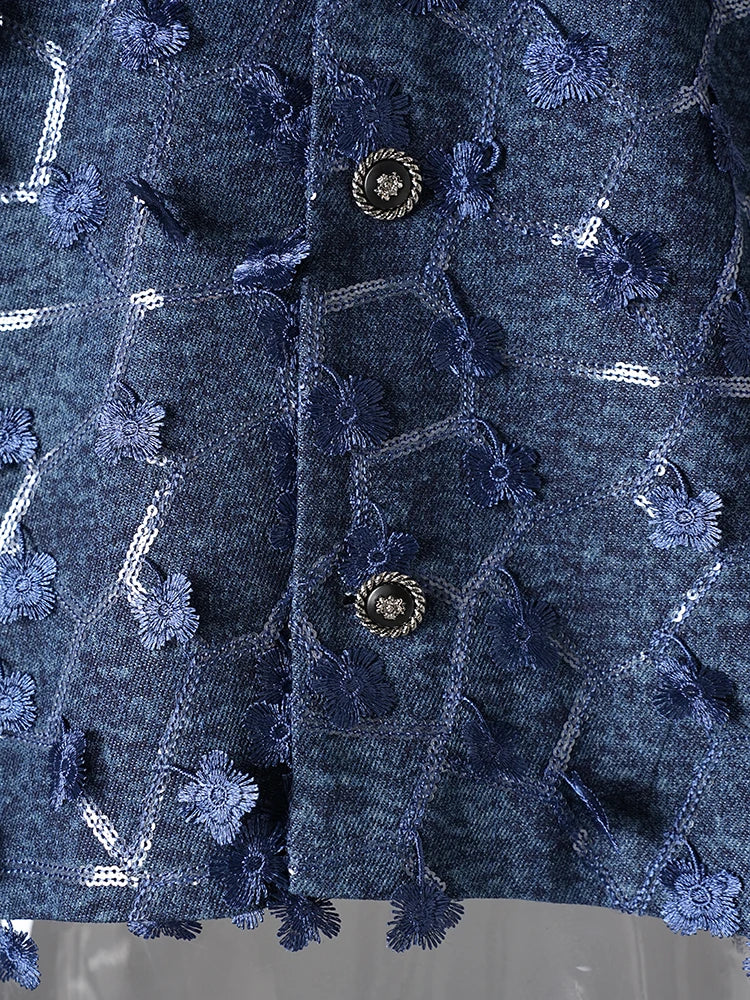 Navy Sequin Casual Denim Vest