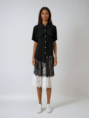 Black Lace Pleated Shirt Dress – Loose Fit Lapel Style