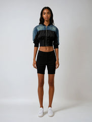 Denim Hybrid Cropped Bomber – Contrast Panel Jacket