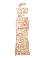 Floral Corset Two-piece Set – Halter Top & Midi Skirt Co-ord
