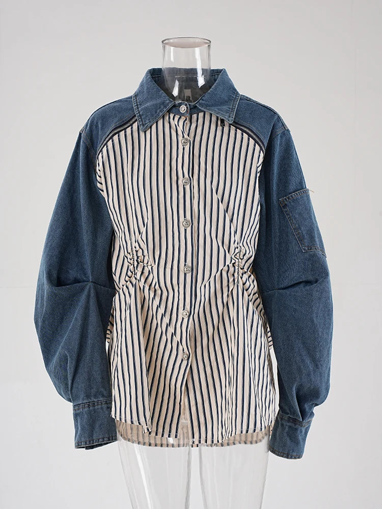 Stripe Spliced Denim Shirt